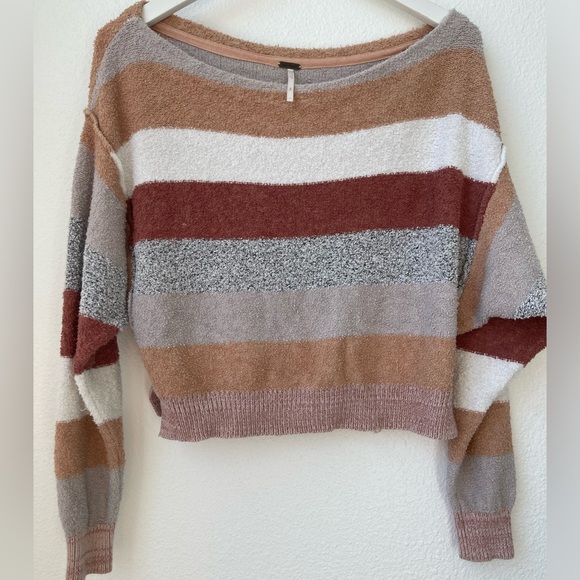 Free People Women's Candyland Striped Ivory Cropped Pullover Sweater Size Small - Picture 2 of 8